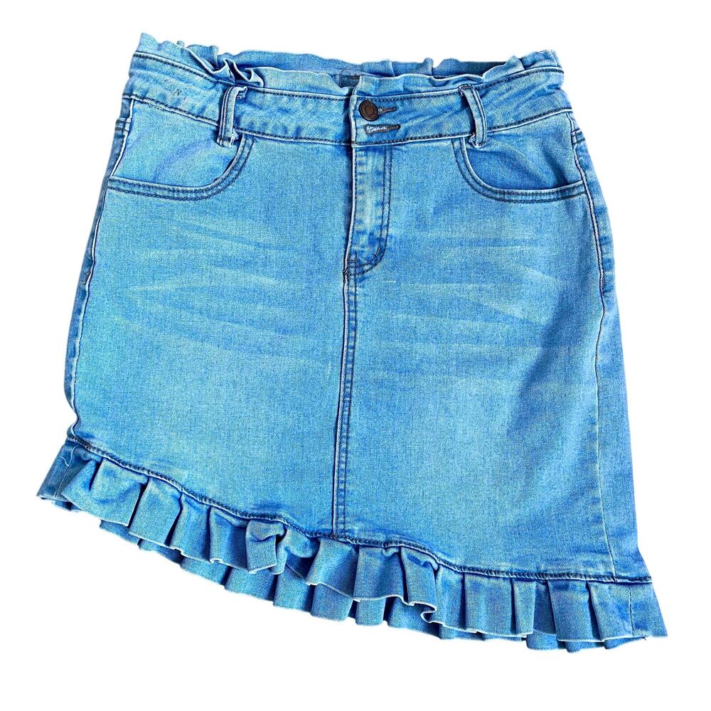 Nina Rossi Light Wash Asymmetrical Ruffle Denim Jean Skirt Retro Look Sz L